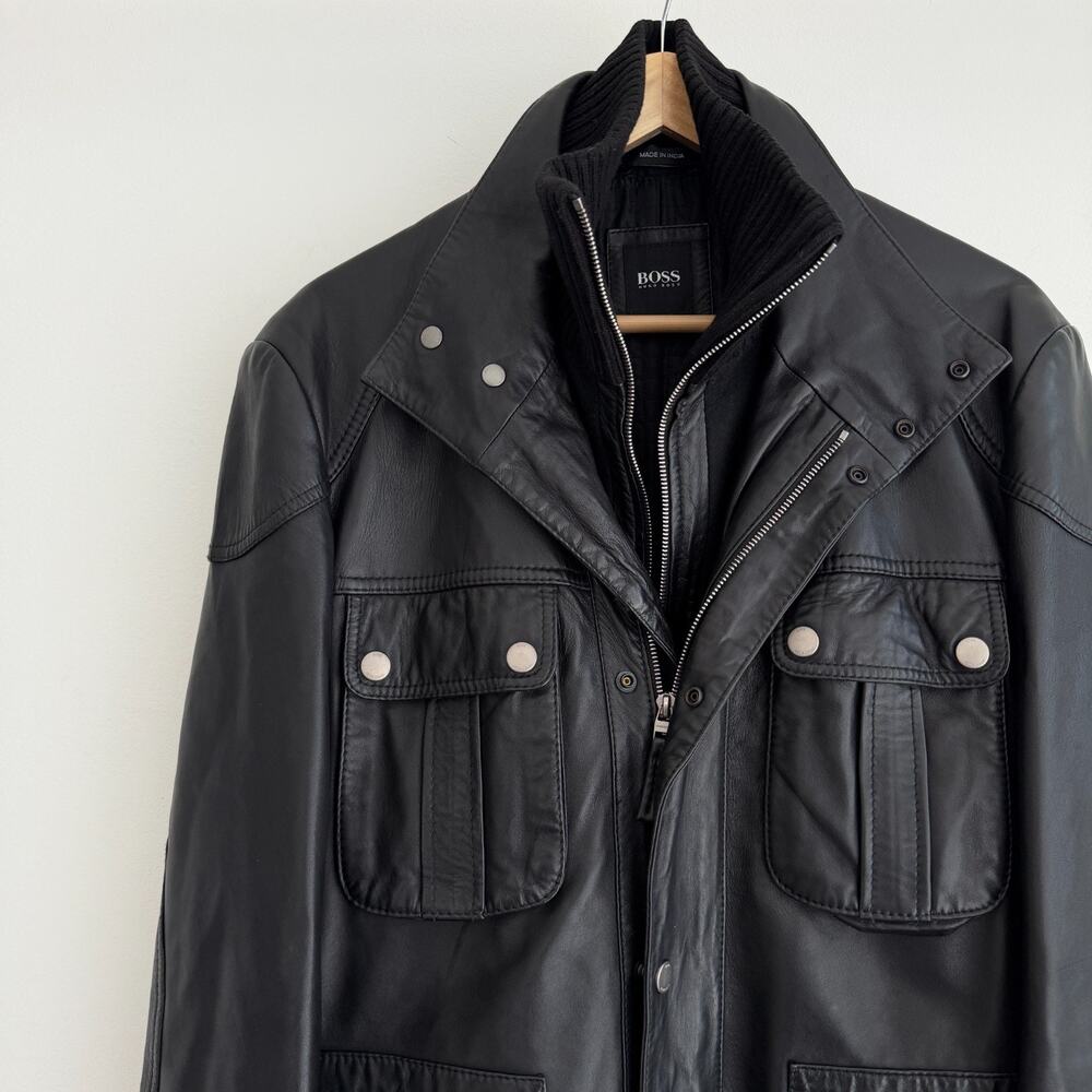 Hugo Boss Leather Jacket Men 38R Black Goatskin Military Field Biker Safari Coat - Picture 2 of 12